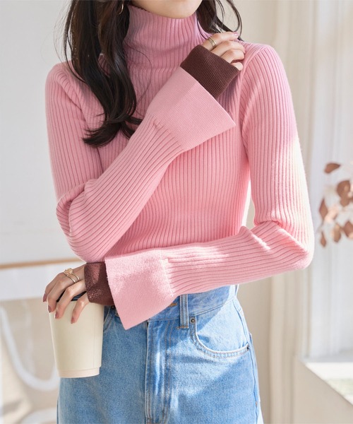 ラスト1点⭐︎ノーソーイングニット　フレアスリーブ　ピンク KOBE LETTUCE（神戸レタス） ニット セーター 袖先取り外しOKフレア