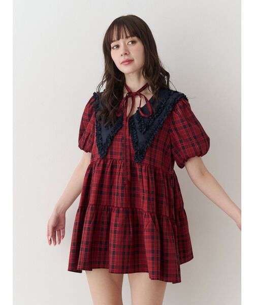 PUTUMAYO プトマヨ ミニワンピース フリル レース チェック 赤 PUTUMAYO - PUTOMAYO プトマヨ スカート チェック柄 赤 白レースの通販