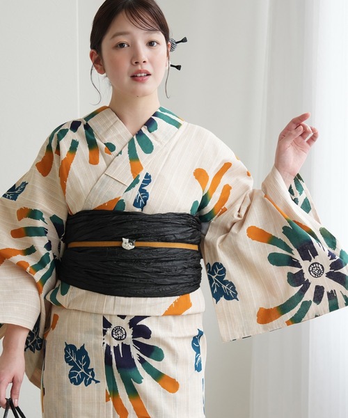 浴衣 手染め注染浴衣3点セット utatane×注染工房 先染めベージュ 山吹と緑ののびやかな菊 レディース