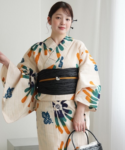 浴衣 手染め注染浴衣3点セット utatane×注染工房 先染めベージュ 山吹と緑ののびやかな菊 レディース_5