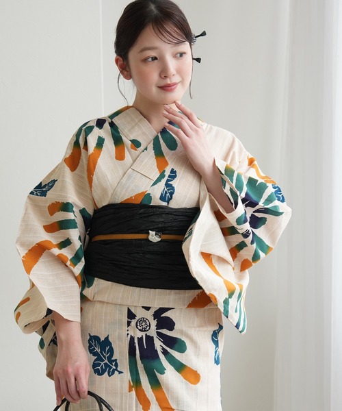 浴衣 手染め注染浴衣3点セット utatane×注染工房 先染めベージュ 山吹と緑ののびやかな菊 レディース_6