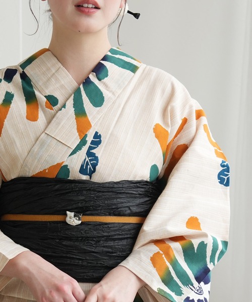 浴衣 手染め注染浴衣3点セット utatane×注染工房 先染めベージュ 山吹と緑ののびやかな菊 レディース_8