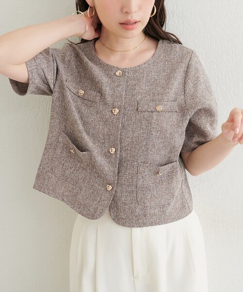 natural couture ジャケット ノーカラージャケット ツイード半袖