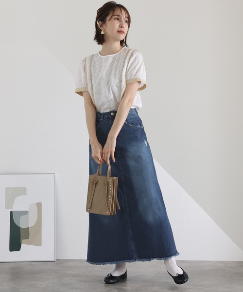 デニムロングスカート フリンジ付き litmus itimi mineral LADY LIKE デニムスカート フリンジスリットデニムロング