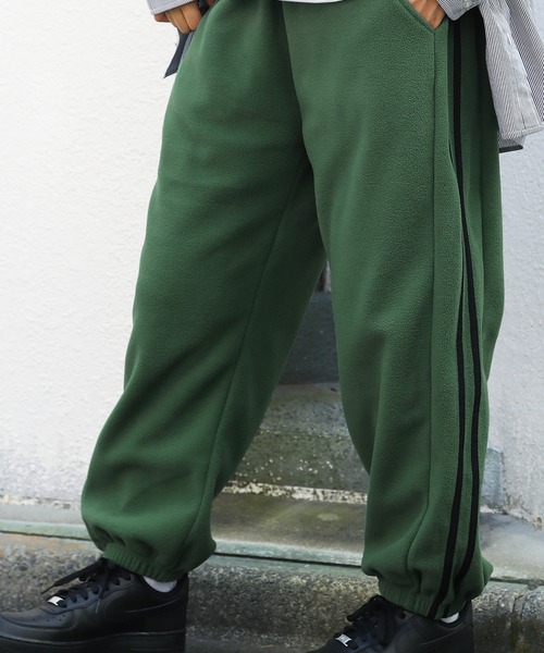 ワイドパンツ パンツ 極太バルーンフリースワイドパンツ サイドライン