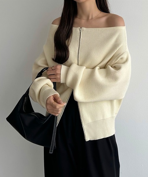 オフショルニット callautia（カラウティア） ニット セーター Wジップオフショルニット