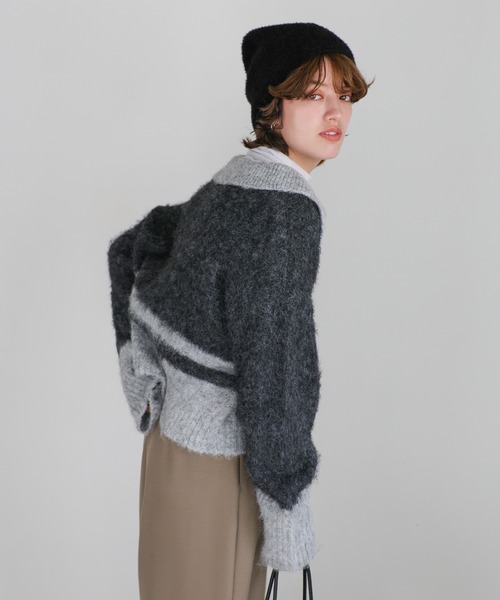 ニット セーター アルパカタッチハーフジップ配色ニット レディース select MOCA ニット セーター アルパカタッチハーフジップ配色
