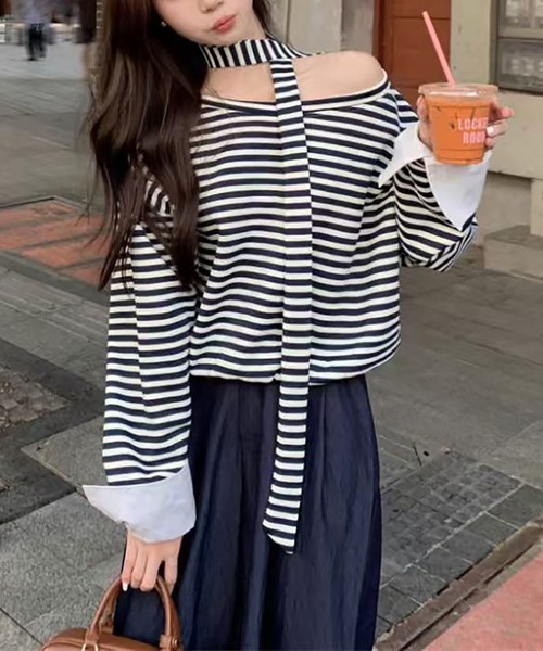 AsheKsha tシャツ オフショルダー ストライプ柄トップス レディース