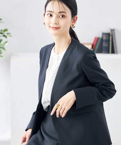 ジャケット ノーカラージャケット 「洗える/ストレッチ/UVカット」麻調ストレッチノーカラージャケット レディースの画像