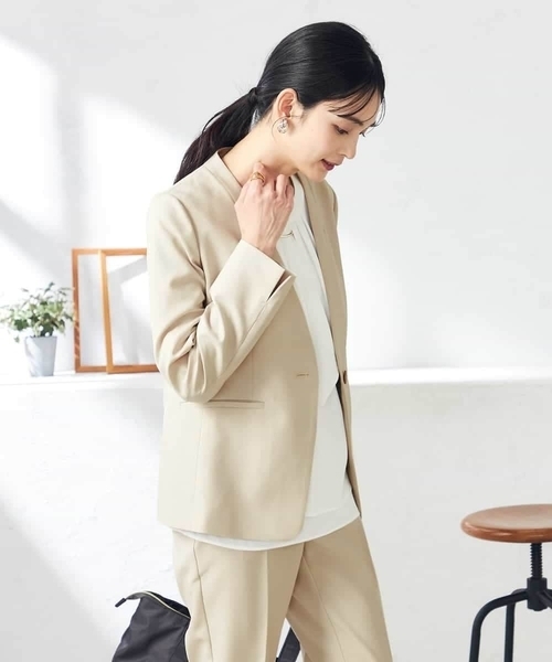 ジャケット ノーカラージャケット 「洗える/ストレッチ/UVカット」麻調ストレッチノーカラージャケット レディースの画像