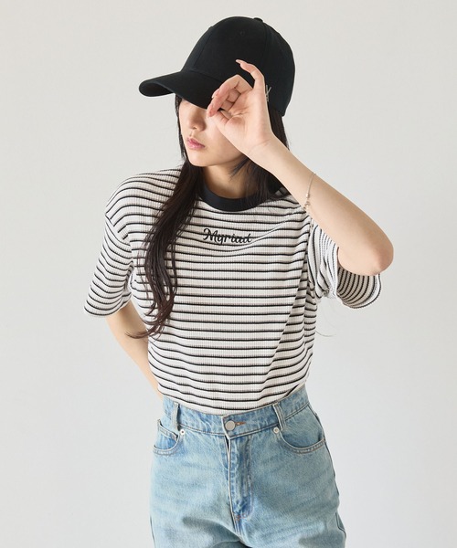 MONO-MART tシャツ ワンポイント刺繍マルチボーダーショート丈