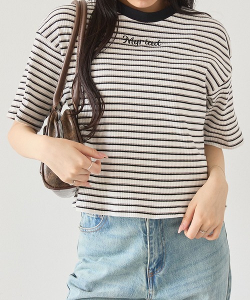 【PRADA】lady's ボーダーシャツ ワンポイントロゴ マルチカラー MONO-MART tシャツ ワンポイント刺繍マルチボーダーショート丈