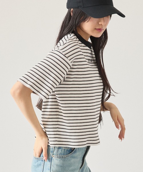 tシャツ ワンポイント刺繍ボーダーTシャツ レディース MONO-MART tシャツ ワンポイント刺繍マルチボーダーショート丈