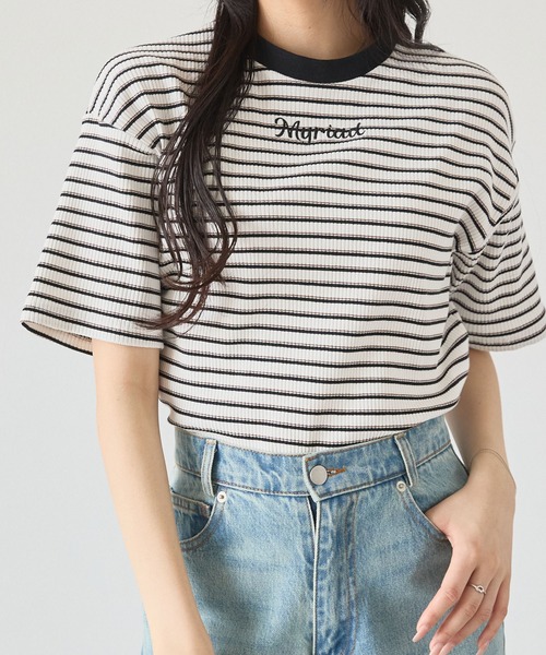 tシャツ ワンポイント刺繍ボーダーTシャツ レディース MONO-MART tシャツ ワンポイント刺繍マルチボーダーショート丈