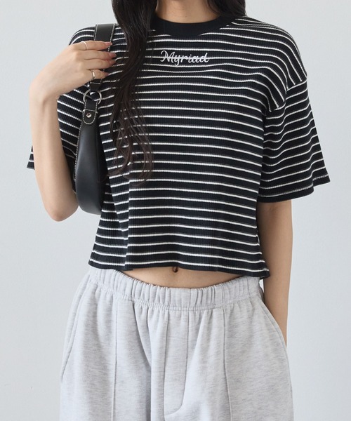 tシャツ ワンポイント刺繍ボーダーTシャツ レディース MONO-MART tシャツ ワンポイント刺繍マルチボーダーショート丈