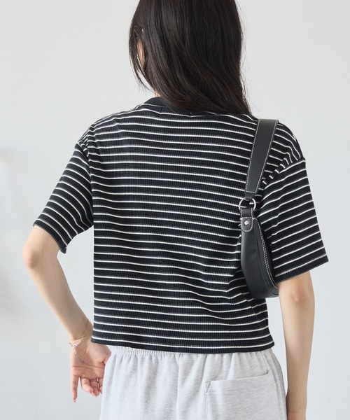 tシャツ ワンポイント刺繍ボーダーTシャツ レディース MONO-MART tシャツ ワンポイント刺繍マルチボーダーショート丈