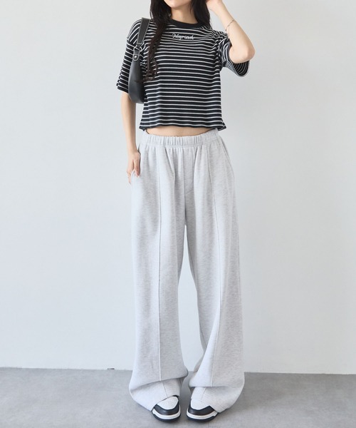 MONO-MART tシャツ ワンポイント刺繍マルチボーダーショート丈