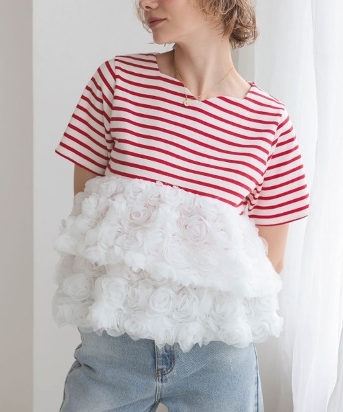 DONOBAN tシャツ フラワーチュールボーダートップス レディース