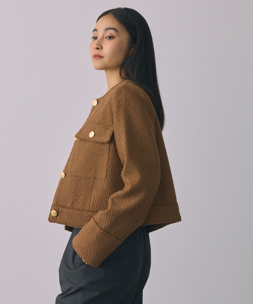 BABYLONE / ツイードクルーネックジャケット/FREE/コットン/キャメル/2450010413 BABYLONE（バビロン） ツイードジャケット フリー キャメル レディース