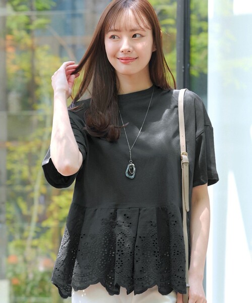 Tiaclasse tシャツ 半袖 刺繍レースドッキングカットソートップス