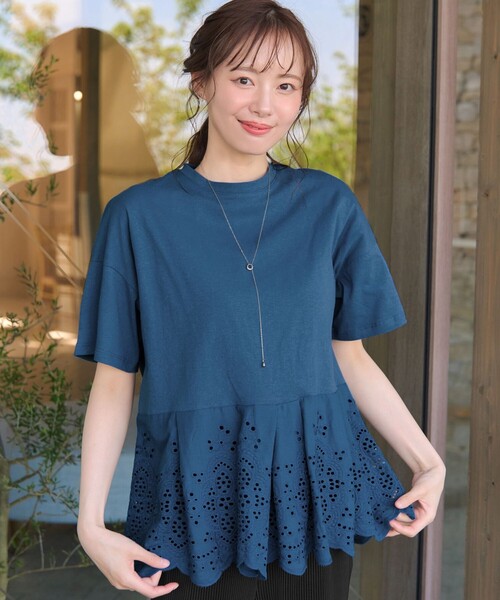 カラー レース切替 Tシャツ カットソードッキング 1 グレー ネイビー natural couture tシャツ 「WEB限定」レース袖切り替えカットソー