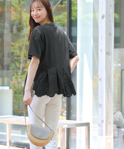 カラー レース切替 Tシャツ カットソードッキング 1 グレー ネイビー natural couture tシャツ 「WEB限定」レース袖切り替えカットソー