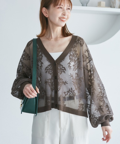 カーディガン 透かし編み花柄Vネックカーディガン レディース ROPE' PICNIC カーディガン 透かし編み花柄Vネックカーディガン