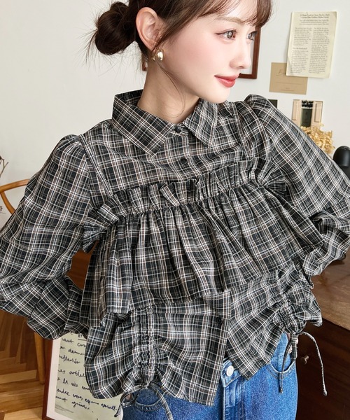 moment+ ブラウス シャツ フリルビスチェセット裾ドロストリボン長袖