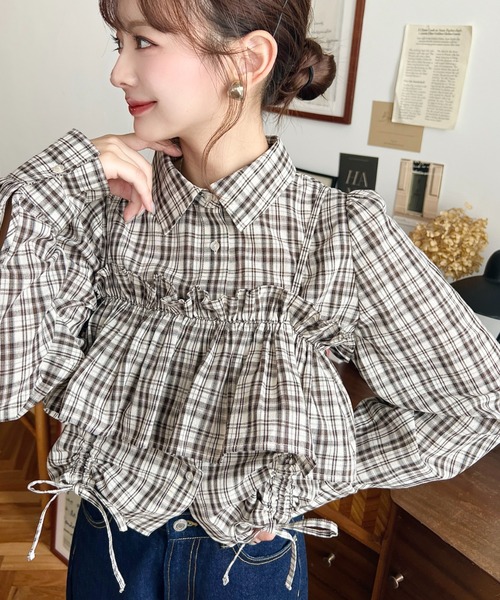 moment+ ブラウス シャツ フリルビスチェセット裾ドロストリボン長袖
