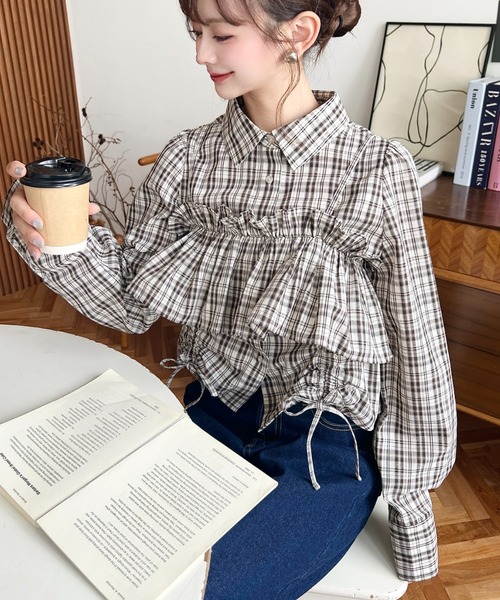 moment+ ブラウス シャツ フリルビスチェセット裾ドロストリボン長袖