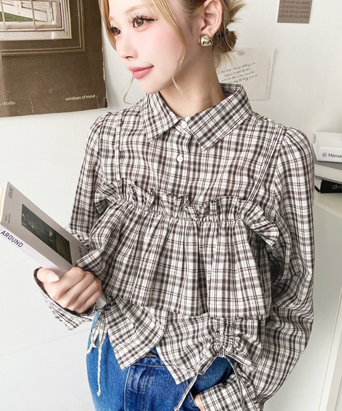 moment+ ブラウス シャツ フリルビスチェセット裾ドロストリボン長袖