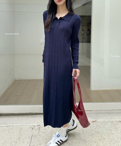 ネイビー ポロ襟 長袖ニットワンピース 長袖ポロネックニットワンピース | JILL by JILL STUART（ジル バイ