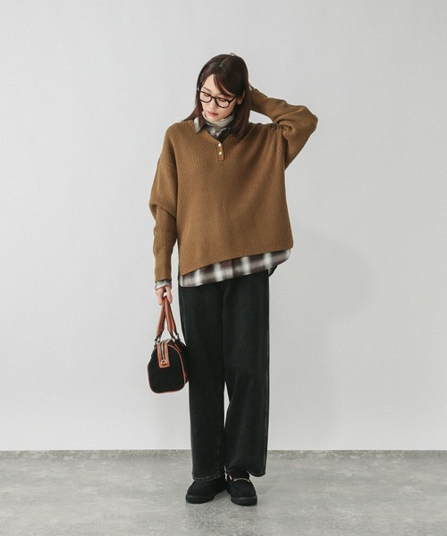 GLOBAL WORK ニット セーター 毛玉になりにくいキーネック/579675