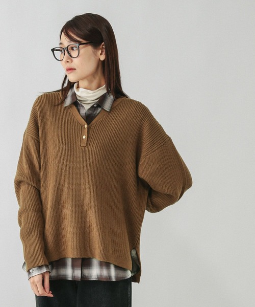 GLOBAL WORK ニット セーター 毛玉になりにくいキーネック/579675
