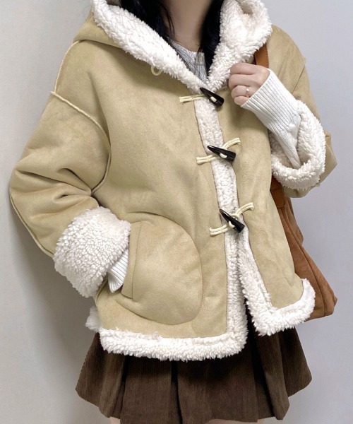 ベージュ フード付き ダッフルコート カシミヤ ブレンド ダッフル コート レディース フォックスファー