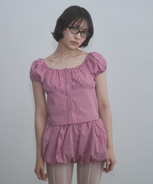 FEKETE（フェケテ） ブラウス シャツ 半袖 gingham 2way puff sleeve