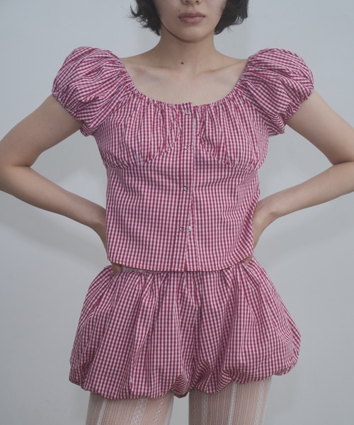 トップス fekete gingham 2way puff sleeve blouse FEKETE（フェケテ） ブラウス シャツ 半袖 gingham 2way puff sleeve