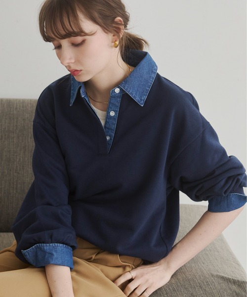 ANGIE トレーナー スウェット デニム襟 ドッキング フェイクレイヤード