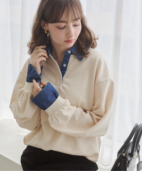 ANGIE トレーナー スウェット デニム襟 ドッキング フェイクレイヤード