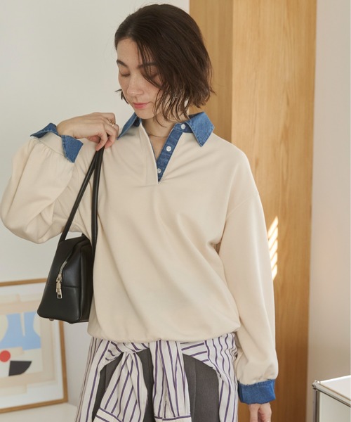 ANGIE トレーナー スウェット デニム襟 ドッキング フェイクレイヤード