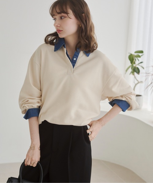 ANN DEMEULEMEESTER 異素材レイヤード スウェット ドッキング ANGIE トレーナー スウェット デニム襟 ドッキング フェイクレイヤード