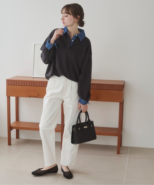 ANN DEMEULEMEESTER 異素材レイヤード スウェット ドッキング ANGIE トレーナー スウェット デニム襟 ドッキング フェイクレイヤード