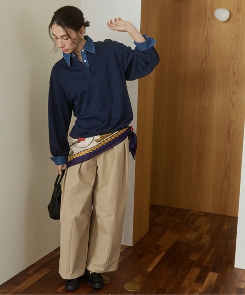 ANGIE トレーナー スウェット デニム襟 ドッキング フェイクレイヤード