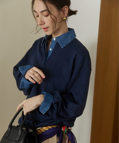 PRIDE Gジャンレイヤード風トレーナー スウェット ハイネック 黒 青 38 ANGIE トレーナー スウェット デニム襟 ドッキング フェイクレイヤード