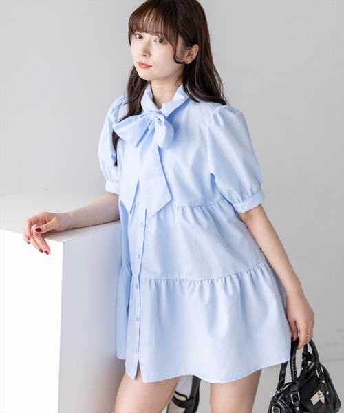 clear ワンピース 夏 半袖 ビッグリボンティアード半袖ミニワンピース