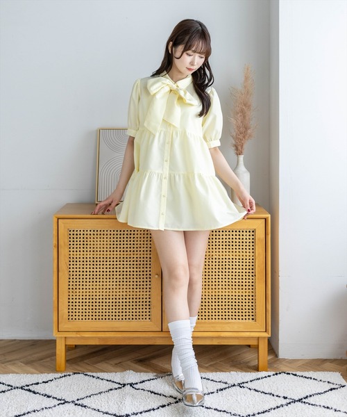 clear ワンピース 夏 半袖 ビッグリボンティアード半袖ミニワンピース