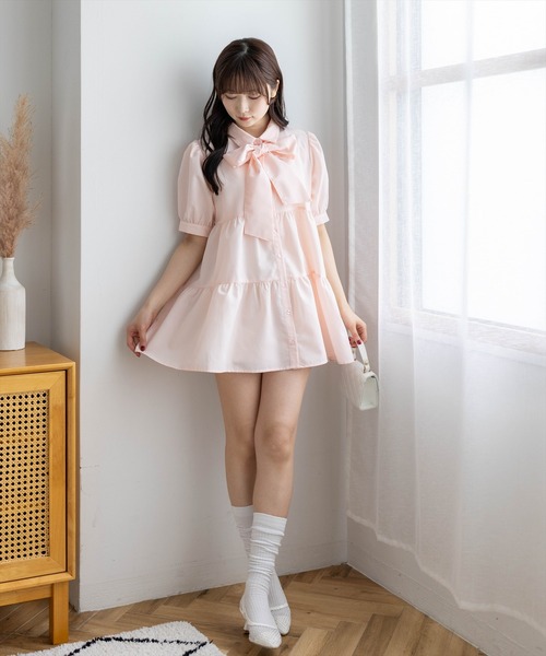 ピンクハウス シャツミニワンピース チュニック ピコフリル ティアード リボン clear ワンピース 夏 半袖 ビッグリボンティアード半袖ミニワンピース