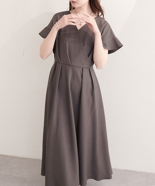 Sov. カシュクールマキシワンピース フリル袖 ブラウン M（G282） natural couture ワンピース 「sherbet line」接触冷感カシュクール
