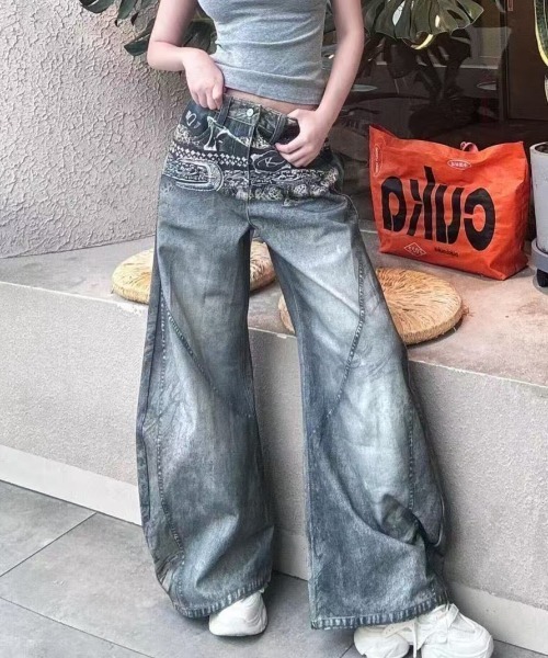 SHERU ワイドパンツ ジーンズ デニム デニムパンツ フェイクスタッズ