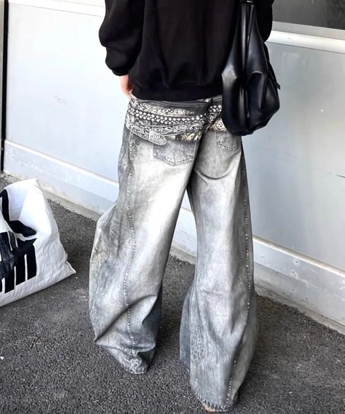 SHERU ワイドパンツ ジーンズ デニム デニムパンツ フェイクスタッズ